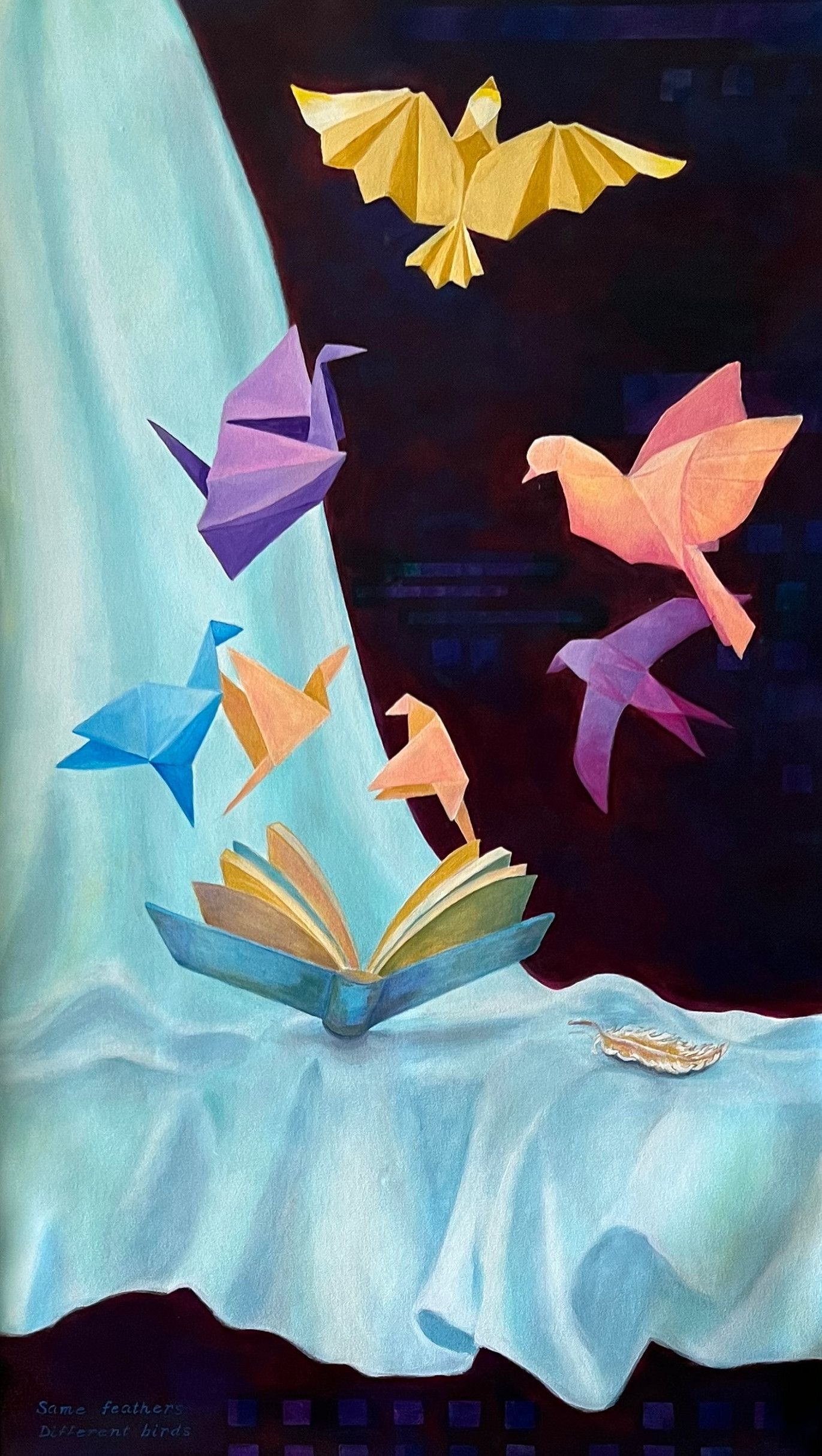 A painting of origami birds flying over an open book