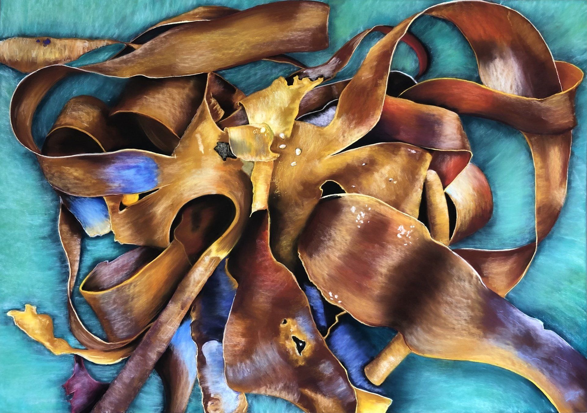 A painting of seaweed on a blue background