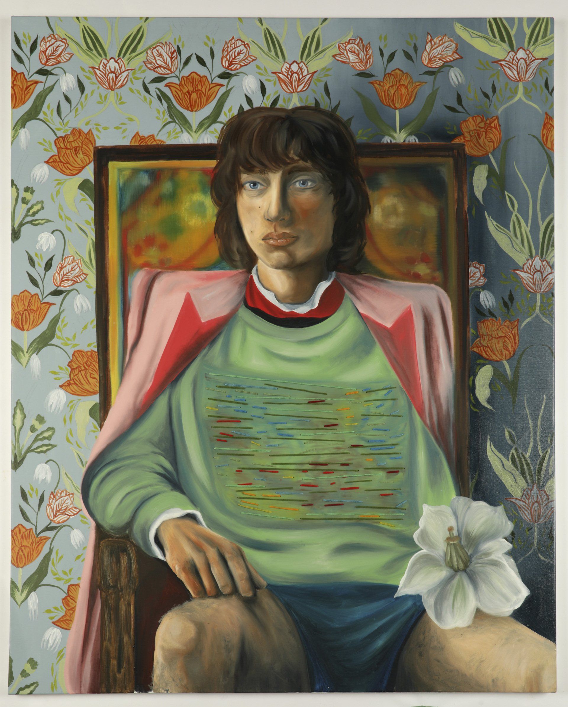A painting of a man sitting in a chair with a flower