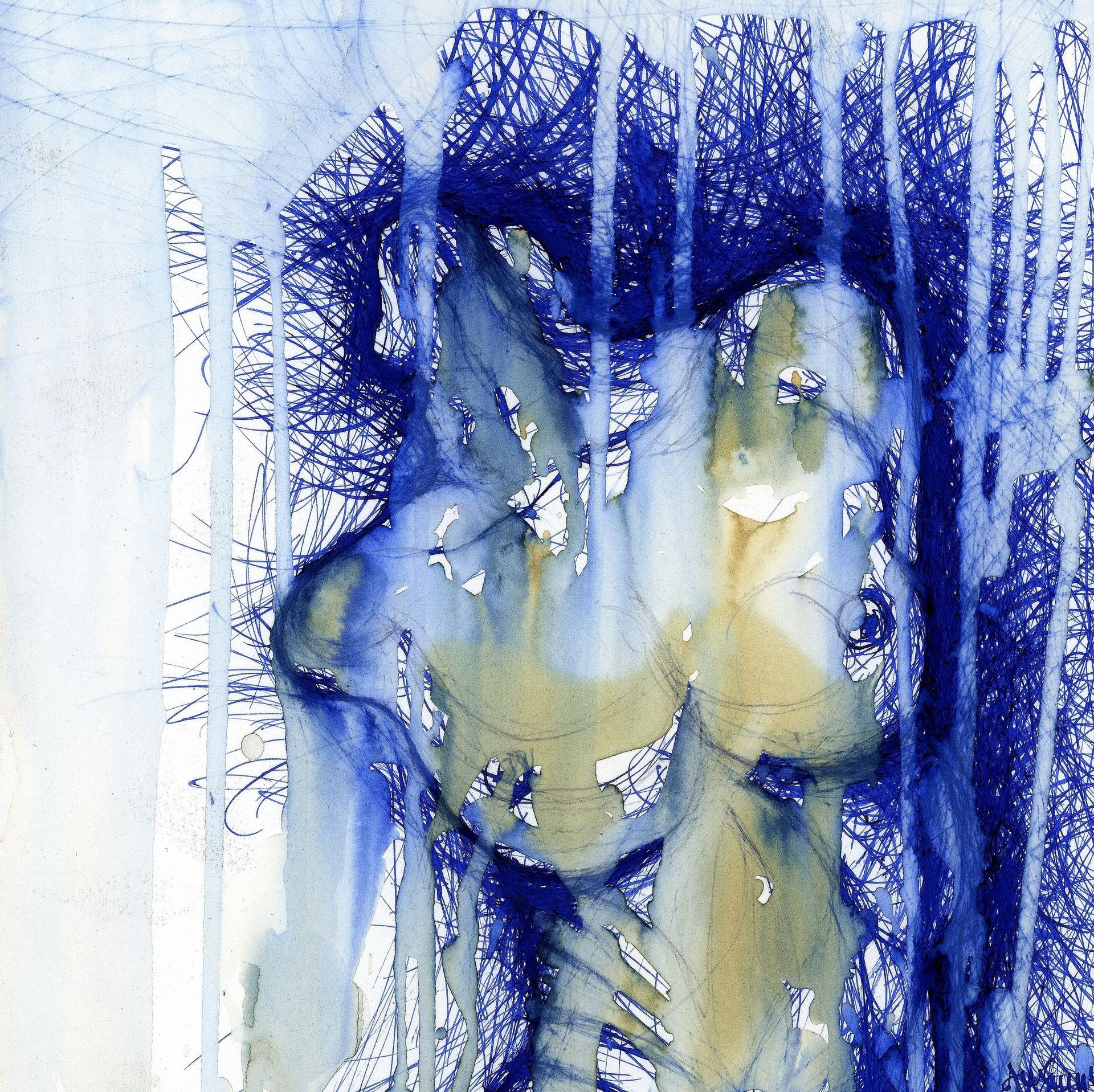 A blue and white painting of a woman 's face
