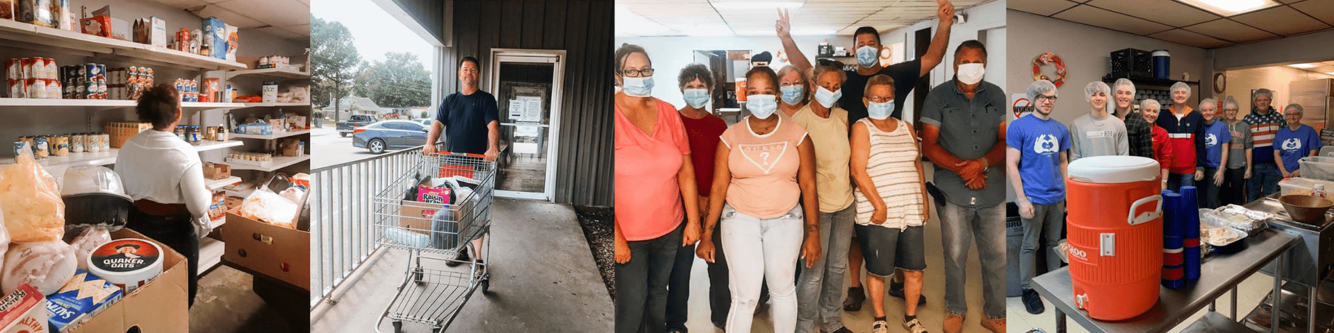 Collage of people in masks helping at a food pantry and posing with supplies