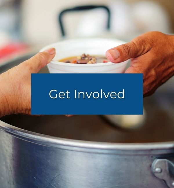 Hands passing a bowl over a large pot with “Get Involved” text overlay