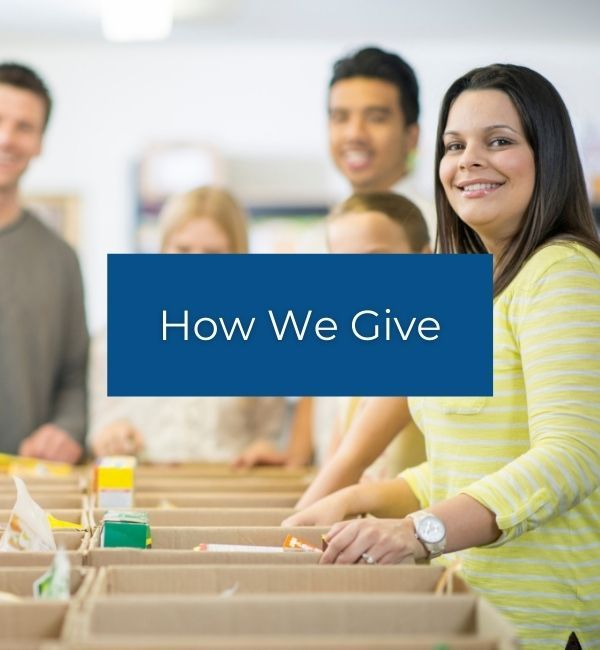 Volunteers sorting donations with “How We Give” banner overlay