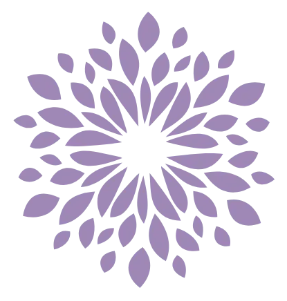 A purple flower with leaves in a circle on a white background.