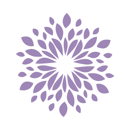 A purple flower with leaves in a circle on a white background.