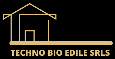 Sagoma dorata di una casa con la scritta "TECHNO BIO EDILE SRLS" in oro su sfondo nero.