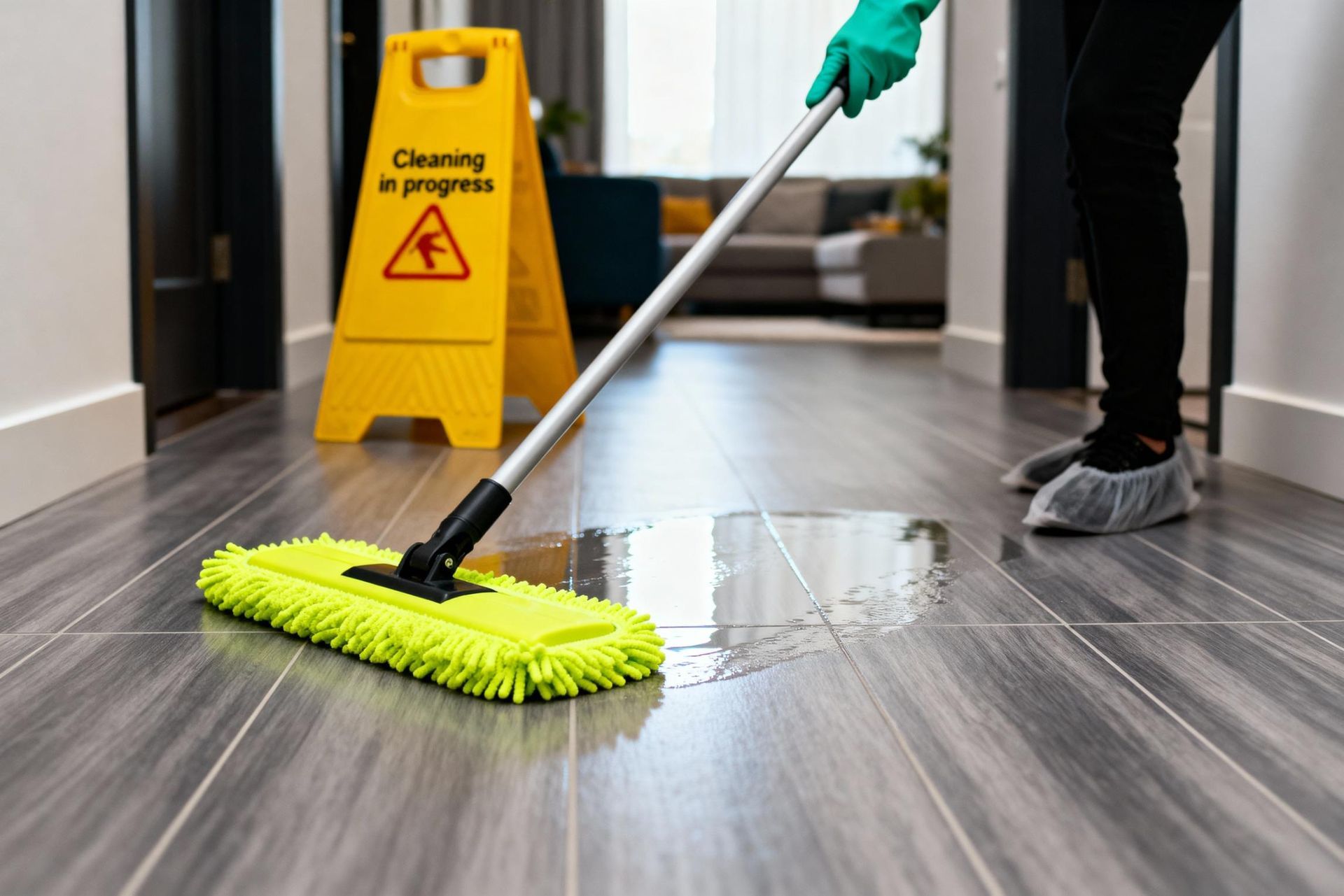 A person wearing green gloves mops a wet floor near a yellow caution sign.