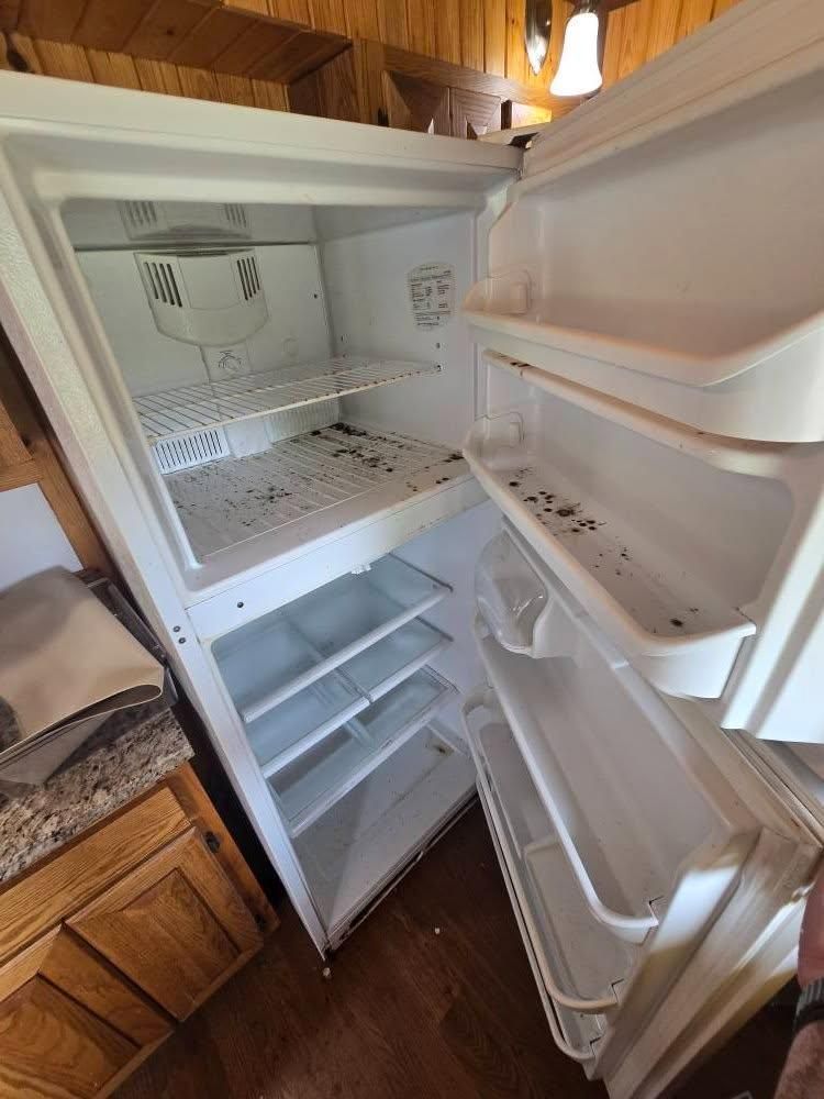 Before cleaning white refrigerator in a kitchen.
