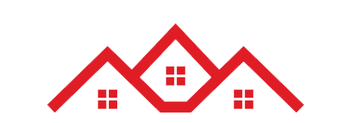 Red outlined houses with square windows on a white background.