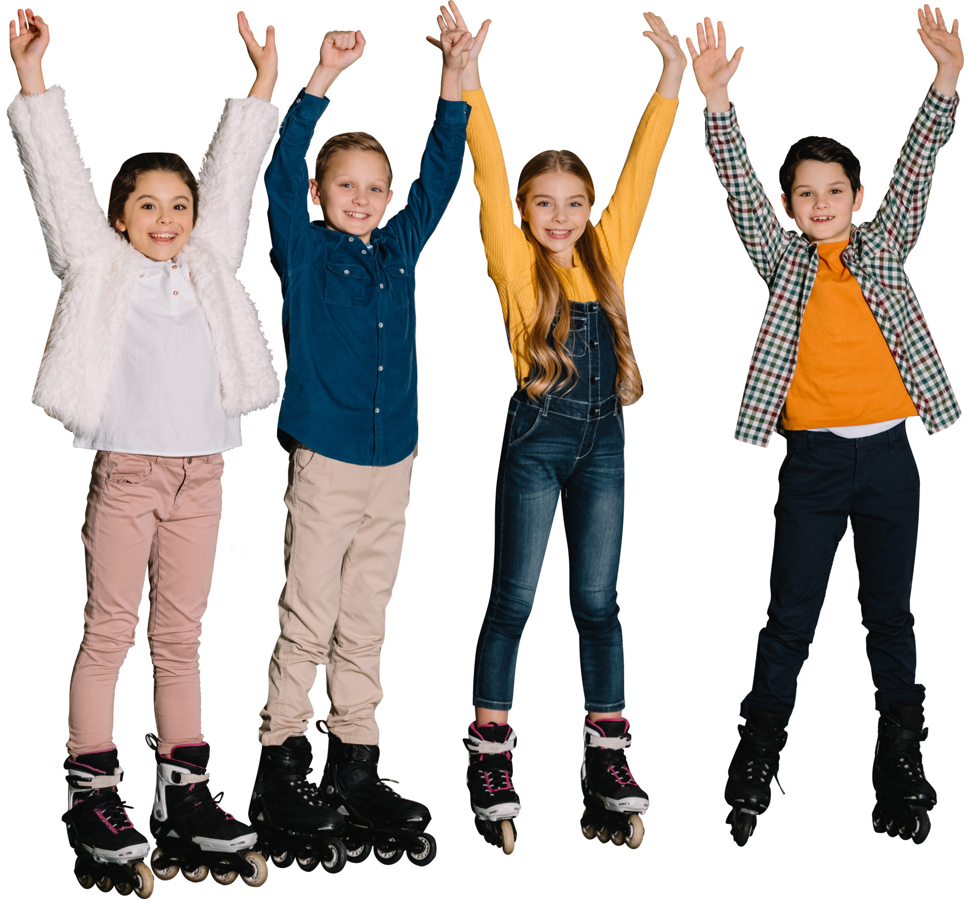 four children in roller skates with their arms raised