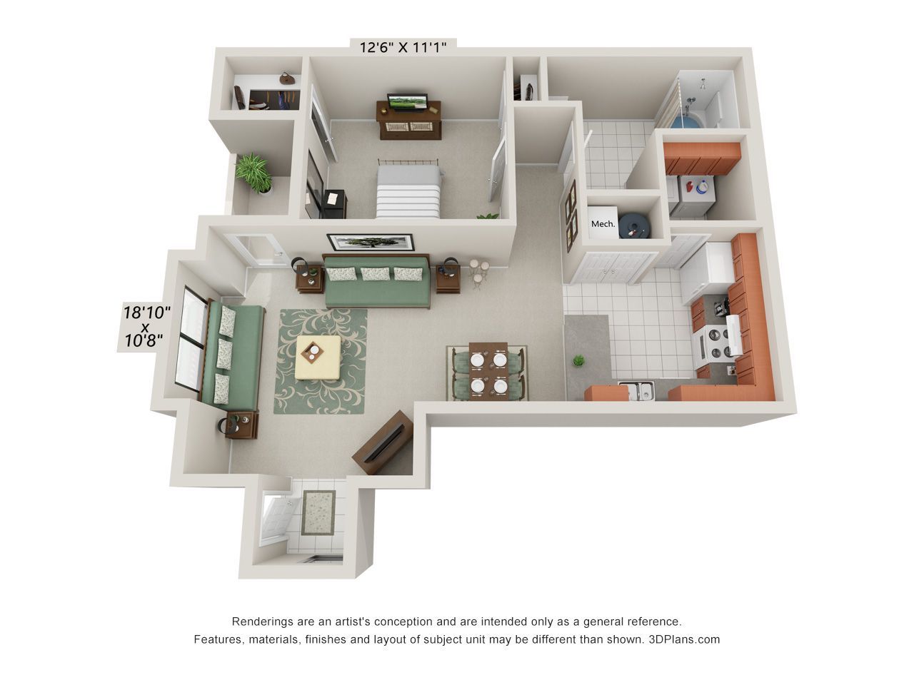 A 3d floor plan of a house with a living room , bedroom , and kitchen.