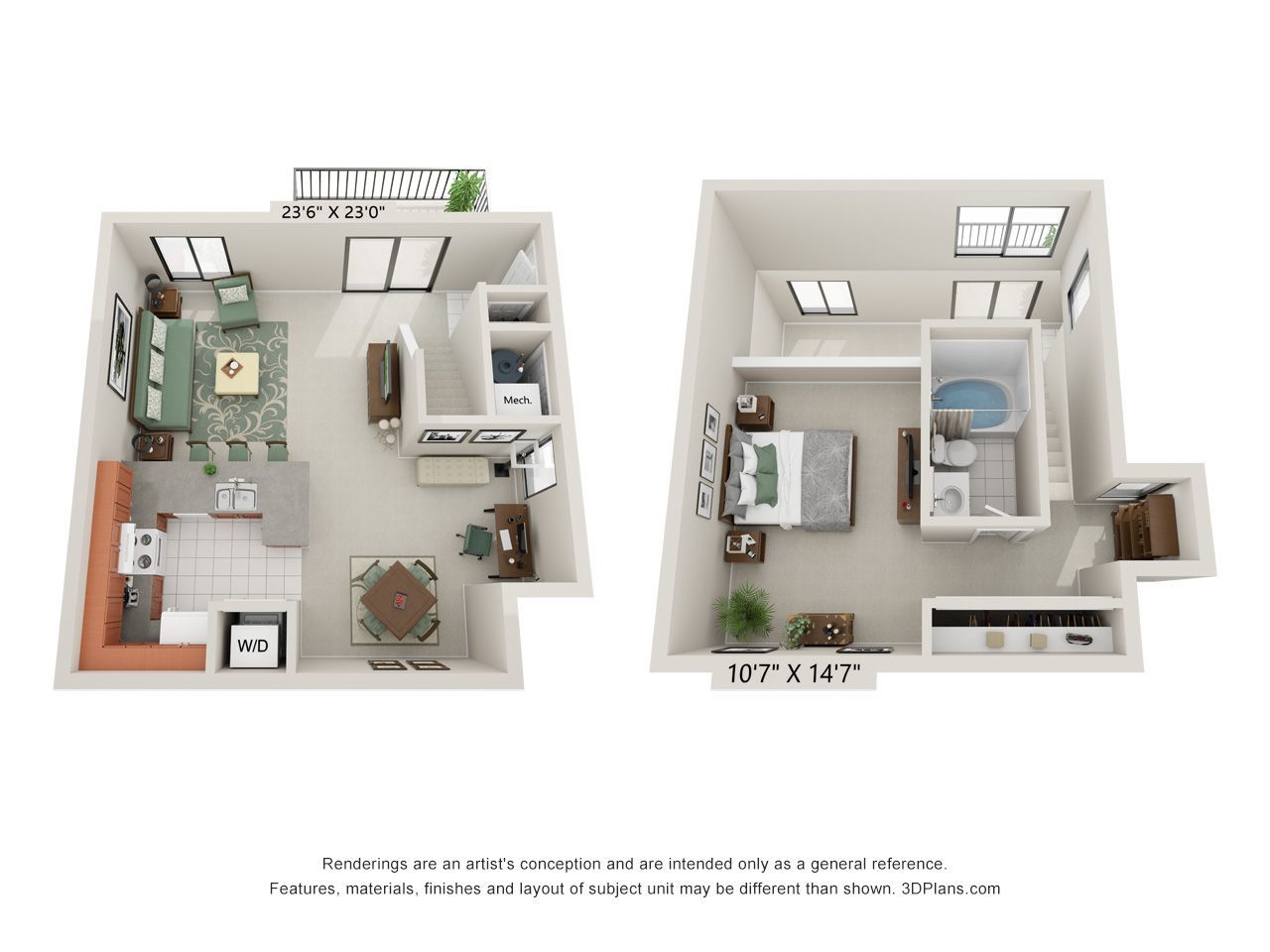 A 3d floor plan of a small apartment with a bedroom and a bathroom.