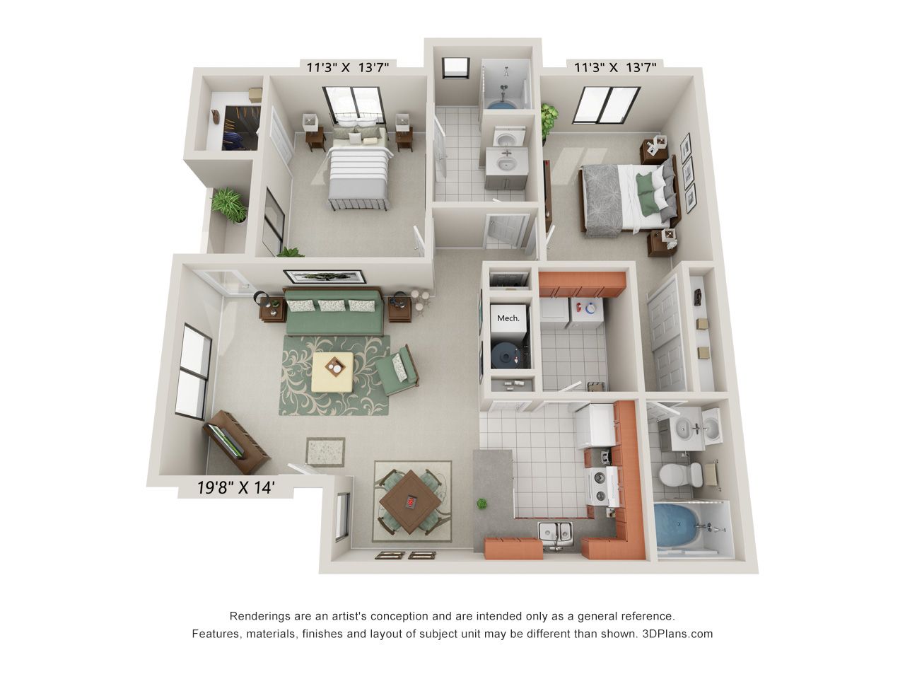 A 3d floor plan of a house with two bedrooms and a bathroom.