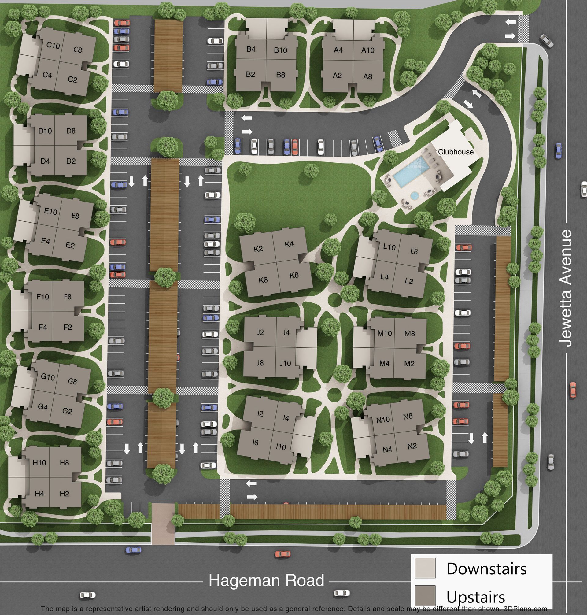 An aerial view of a residential area with a hawks avenue border