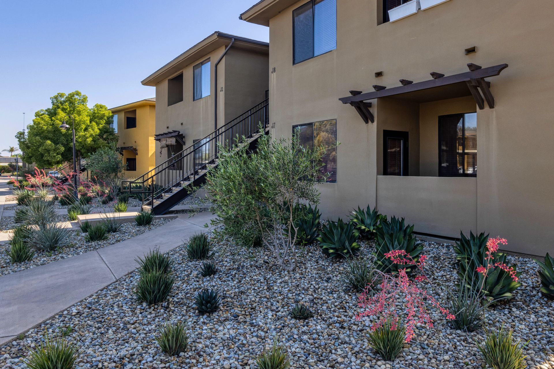 A row of houses with stairs leading up to them are surrounded by rocks and plants.