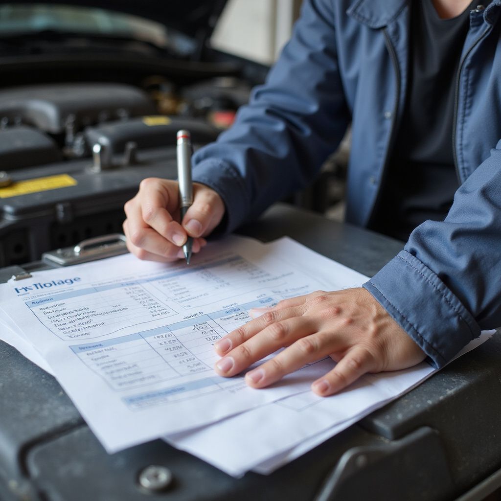Mechanic writing on paperwork, car engine open in background.