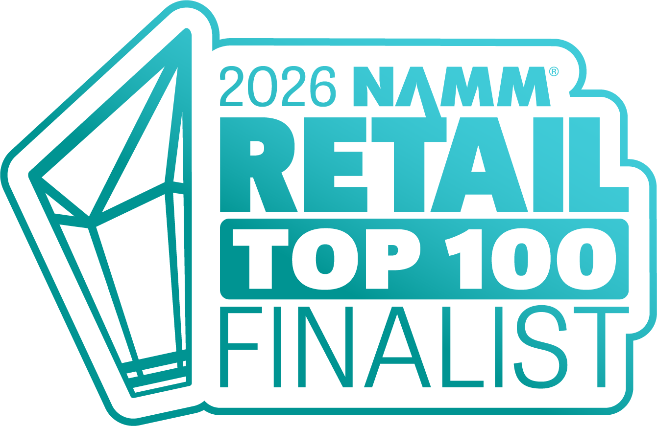 2026 NAMM Retail Top 100 Finalist logo in teal and white, with a geometric abstract design.