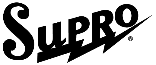 Supro logo with a lightning bolt through the word, in bold black text.