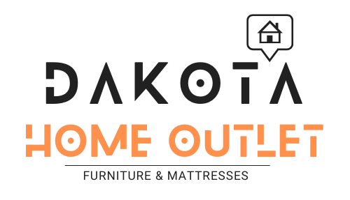 Dakota Home Outlet logo with black text, orange "Home Outlet" text, and a speech bubble icon.