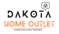 Dakota Home Outlet logo with black text, orange "Home Outlet" text, and a speech bubble icon.
