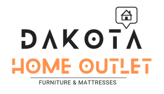 Dakota Home Outlet logo with black text, orange "Home Outlet" text, and a speech bubble icon.