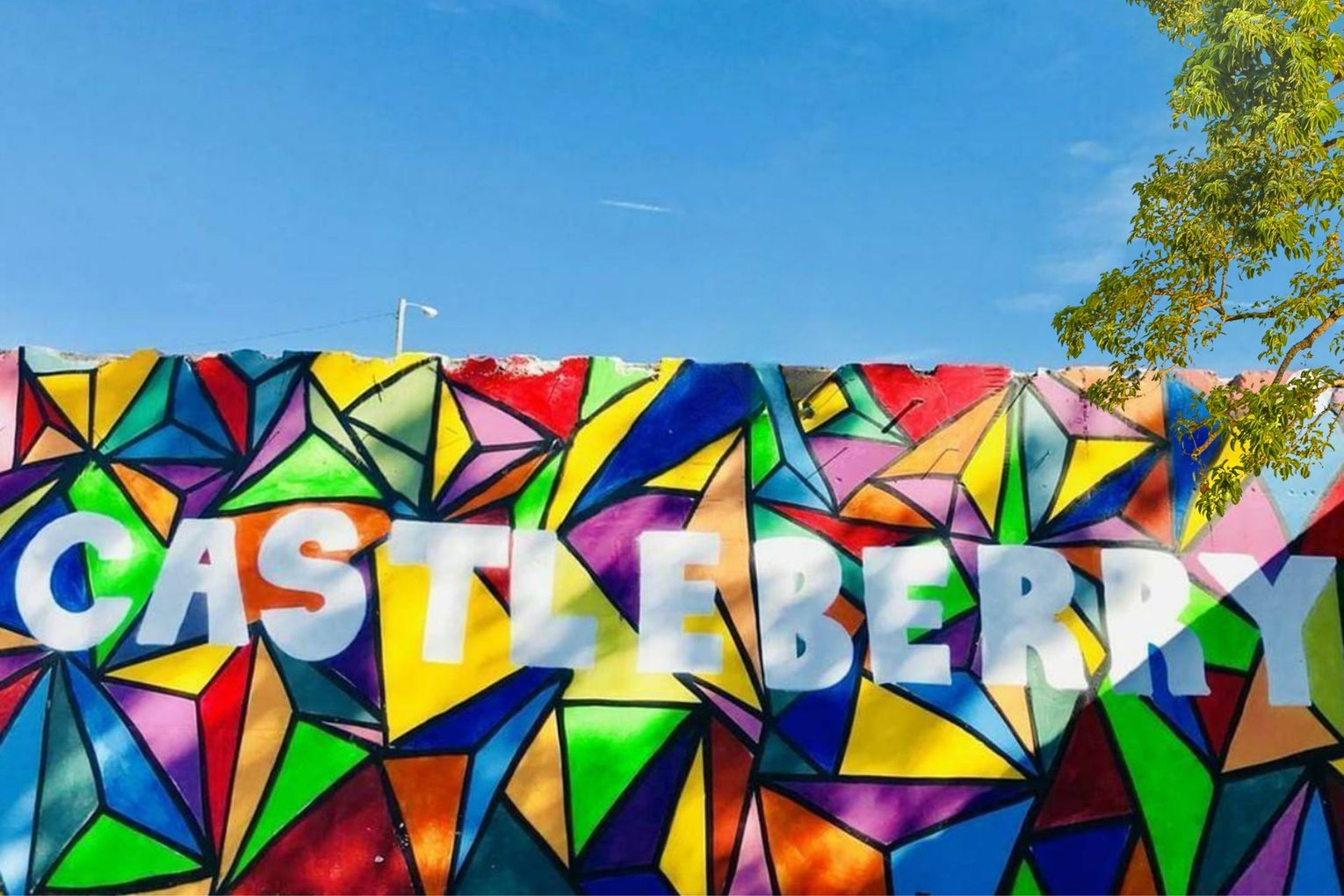 A colorful wall with the word castleberry painted on it