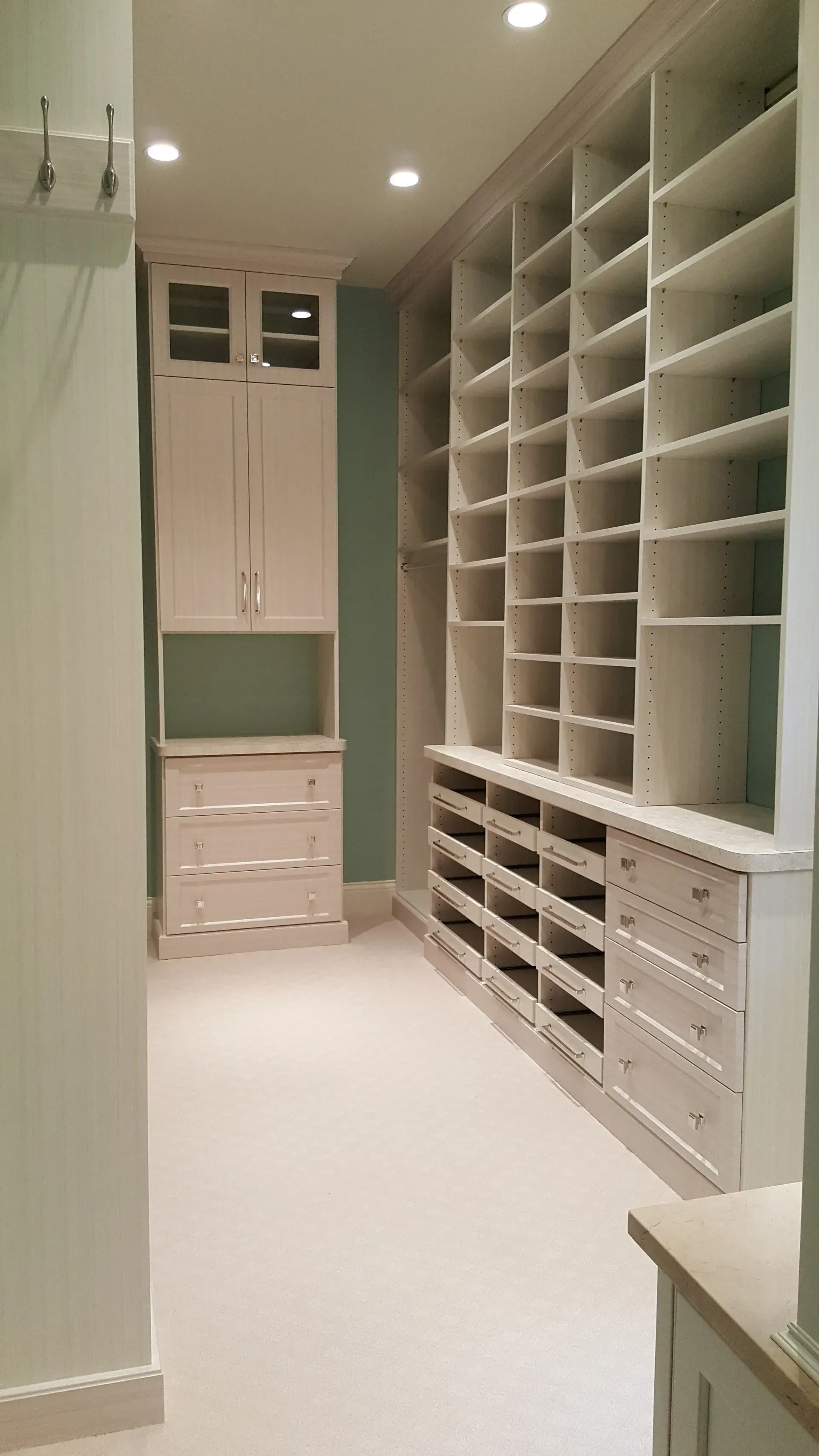 Walk-in closet with white shelving and drawers, light blue walls, and beige carpet.