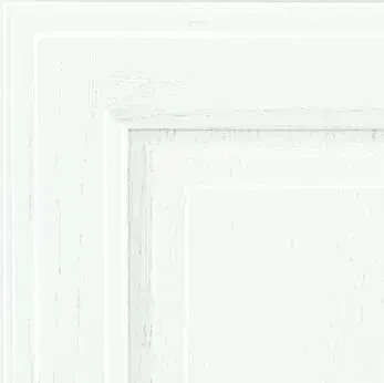 White, layered, distressed wooden panel corner; details of molding and paint texture visible.