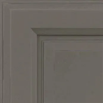 Corner of a gray, raised panel cabinet door with decorative molding.