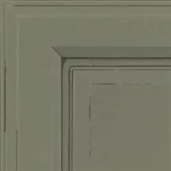 Close-up of a muted green, framed cabinet door. Distressed finish shows slight wear.