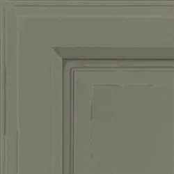 Corner of a sage green painted cabinet door with a recessed panel and detailed trim.