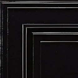 Close-up of a black cabinet door corner with white trim.