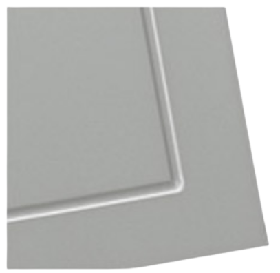 Corner of a light gray cabinet door with a recessed panel and curved corners.