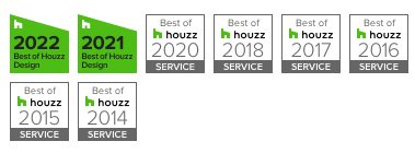 Houzz award badges from 2014-2022, including 