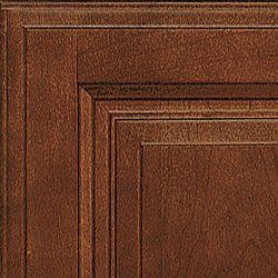Close-up of a detailed, dark brown cabinet door with layered rectangular panels and textured surface.
