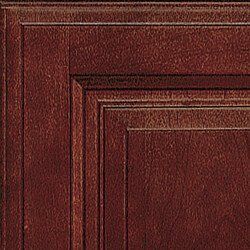 Close-up of a wood cabinet door in a rich, reddish-brown color with textured details and layered panels.