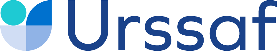 Un logo bleu et blanc pour l'urssaf avec une feuille bleue sur fond blanc.