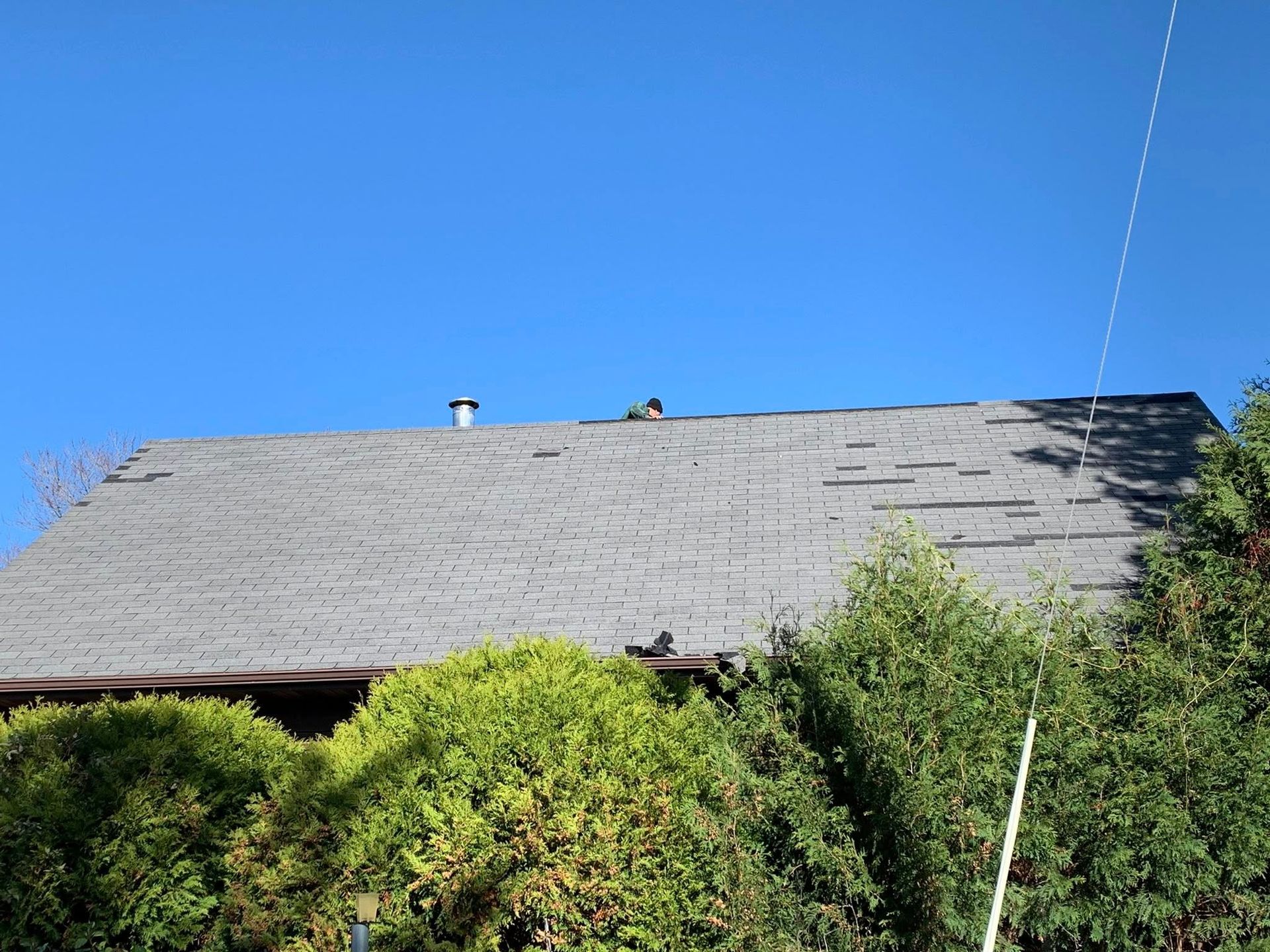 A weathered grey asphalt shingle roof against a clear blue sky, partially obscured by green trees.