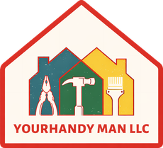Logo for YOURHANDY MAN LLC with icons of pliers, a hammer, and a paintbrush inside colorful house silhouettes.