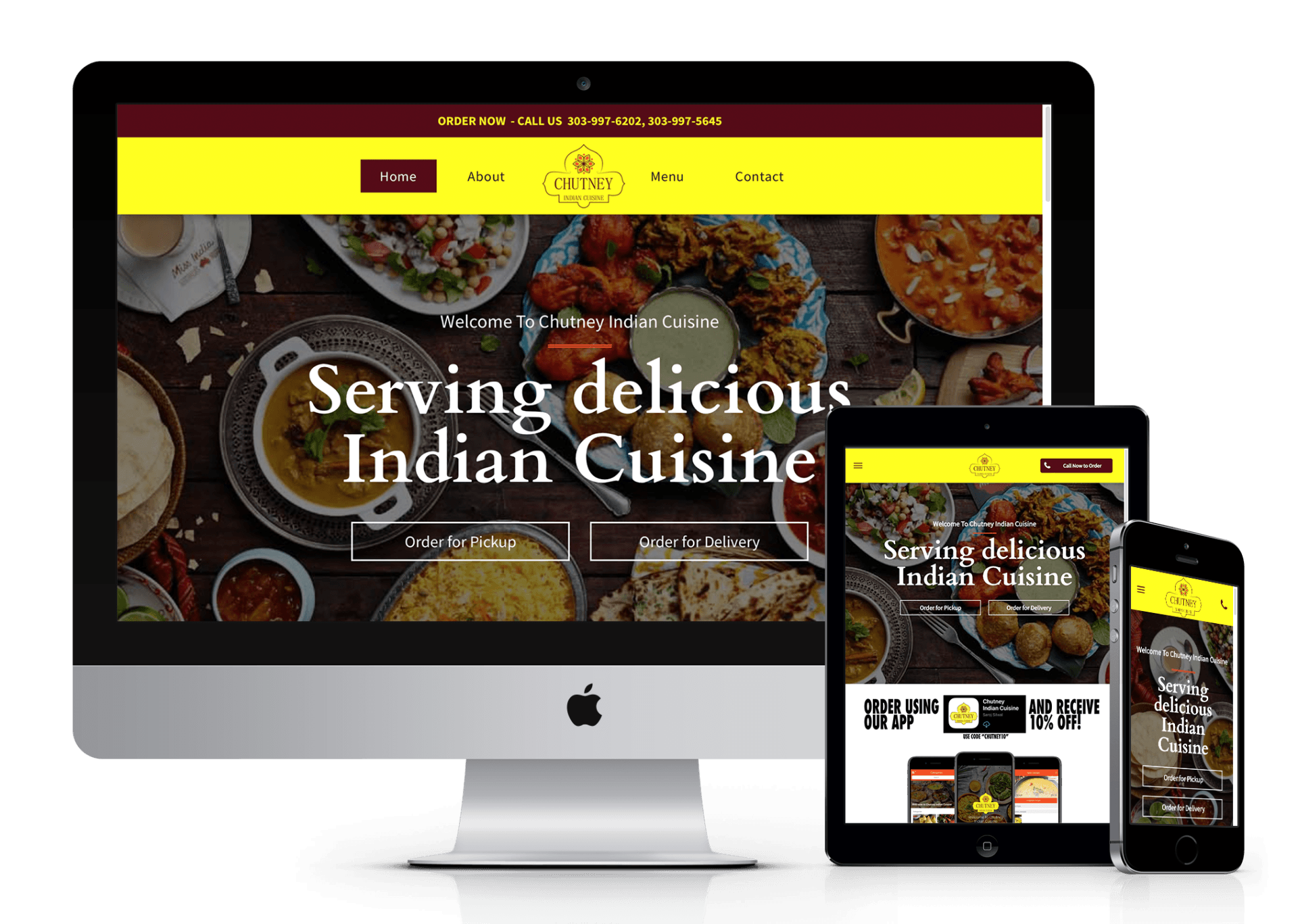 Website on a computer, tablet, and phone, displaying Indian food with text: