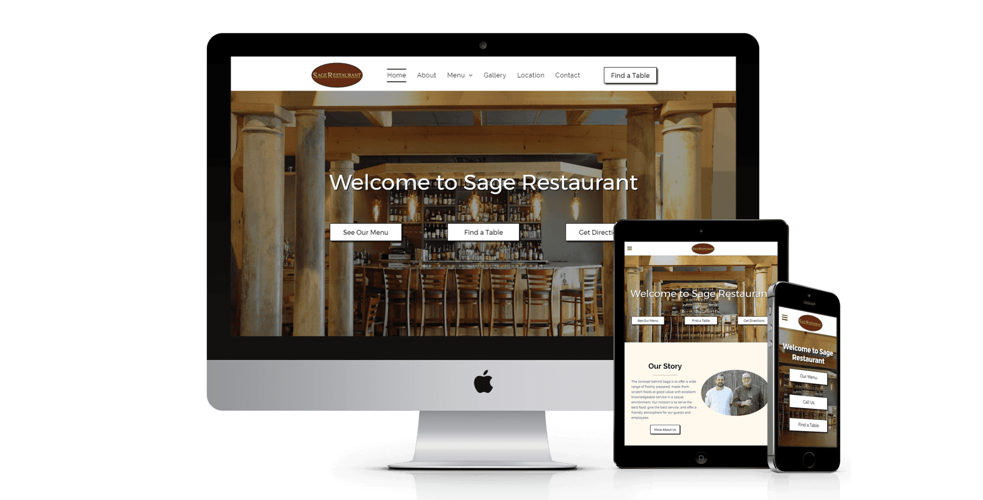 Website of Sage Restaurant displayed on desktop, tablet, and phone screens.