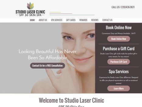 Website homepage for Studio Laser Clinic SPF 30 Skin Spa with a woman's face and navigation links.