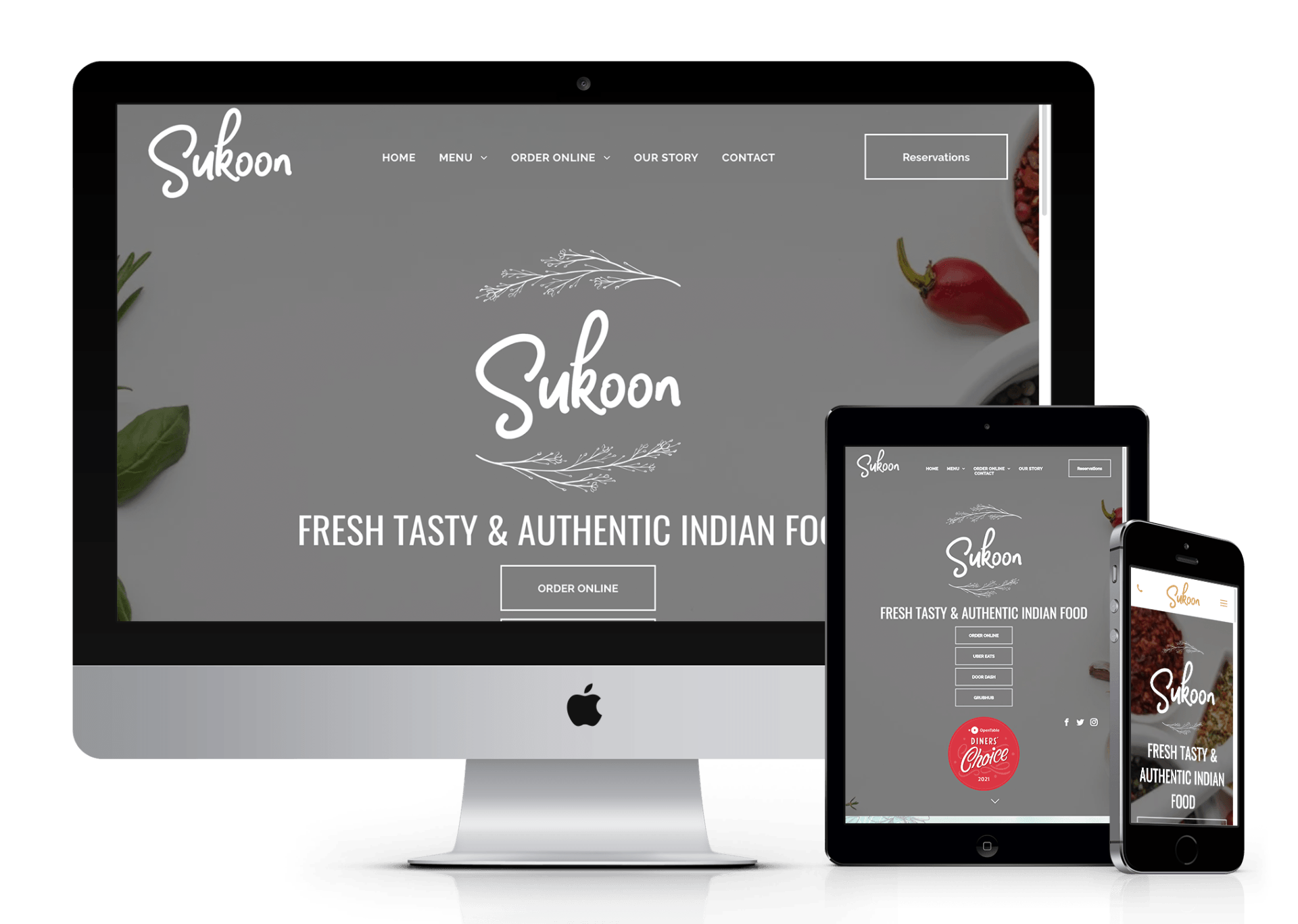 Sukoon restaurant website displayed on a desktop, tablet, and phone; showcasing the logo and menu.