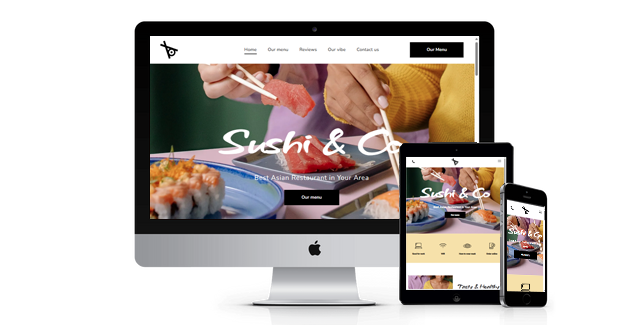 Website mockup: Sushi & Co. homepage displayed on a computer, tablet, and smartphone.