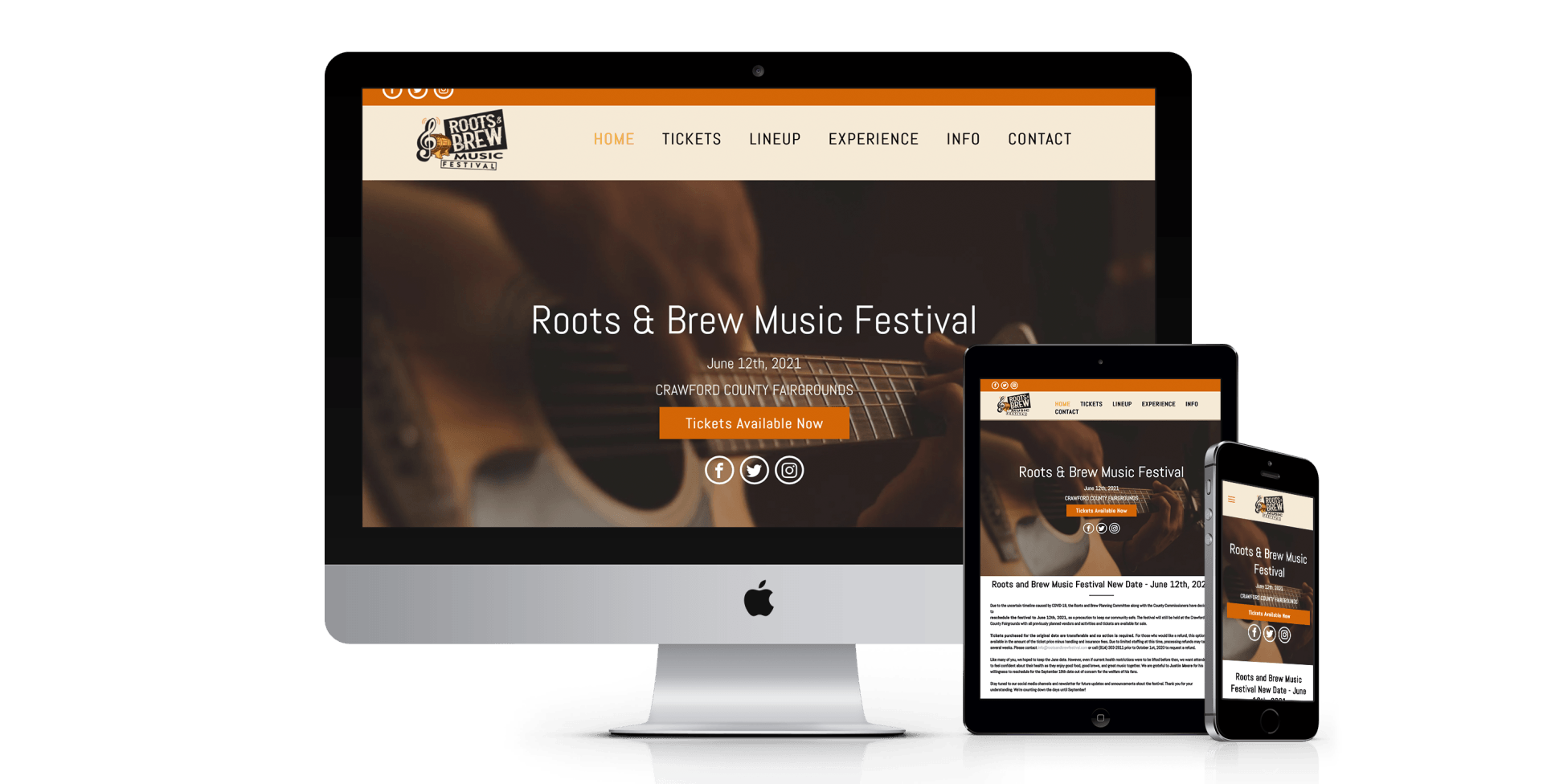 Website displayed on desktop, tablet, and smartphone screens. Roots & Blues Music Festival homepage with logo, navigation, and promotional content.