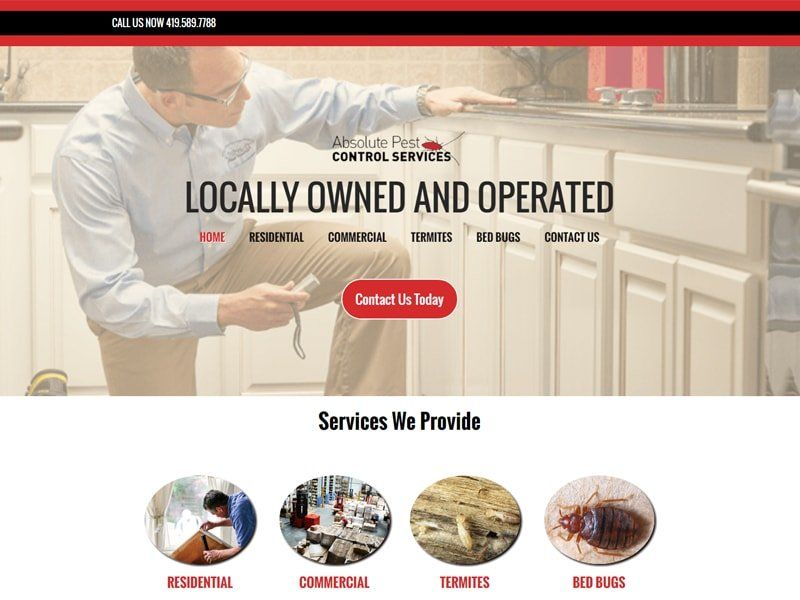 Man inspecting a kitchen counter, pest control logo.