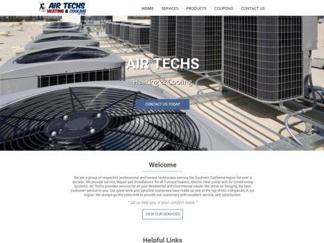 Air Techs HVAC website, rooftop air conditioning units, contact us button.