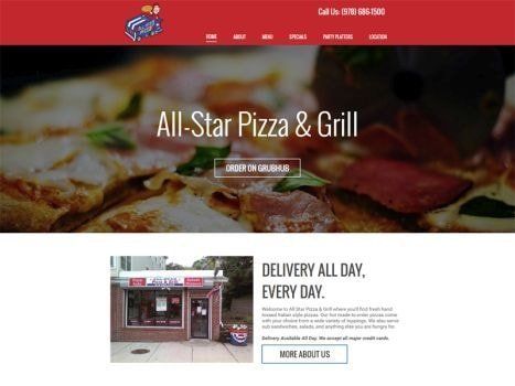 Website homepage for All-Star Pizza & Grill, featuring a pizza close-up, shop exterior, and order button.