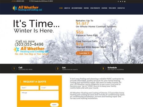 Website for All Weather Heating and Cooling, offering winter services with call to action.
