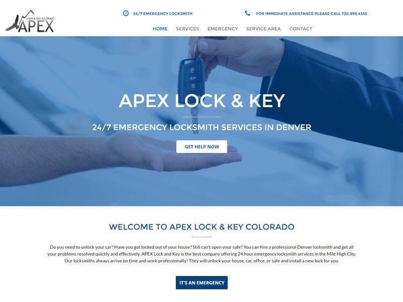 Website homepage for Apex Lock & Key, offering 24/7 locksmith services in Denver.